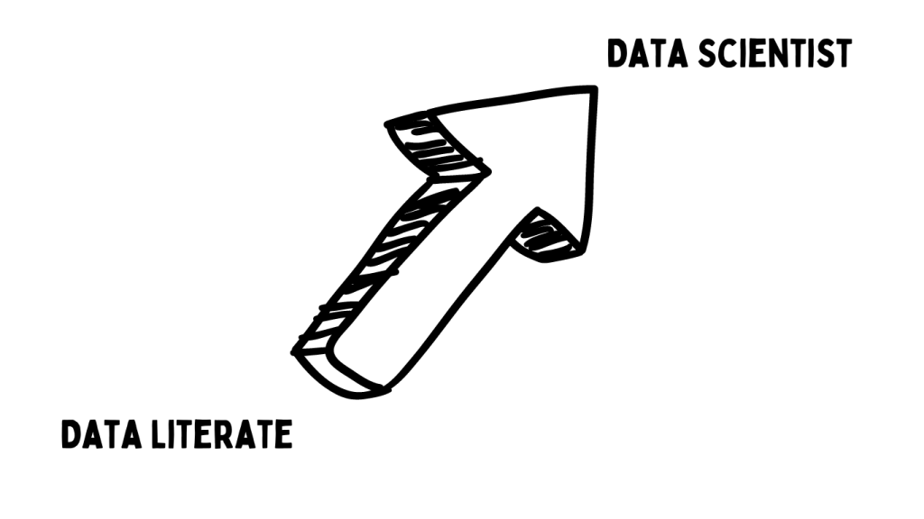 Arrow displaying the continuum from being data literate to becoming a data scientist.